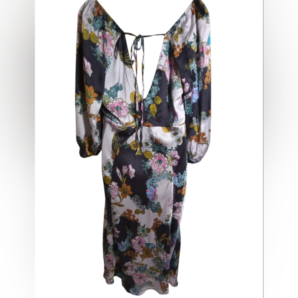 Anthropologie Floral Silk Cowl Neck Puff Sleeve Tie Back Midi Dress Size XL - Picture 8 of 8